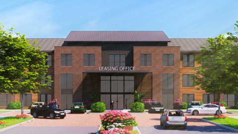 A rendering of the project's leasing office